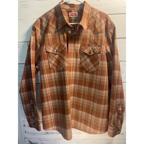 Wrangler Western Plaid Button Up Long Sleeve Shirt Brown Tan Size Extra large - Picture 1 of 6